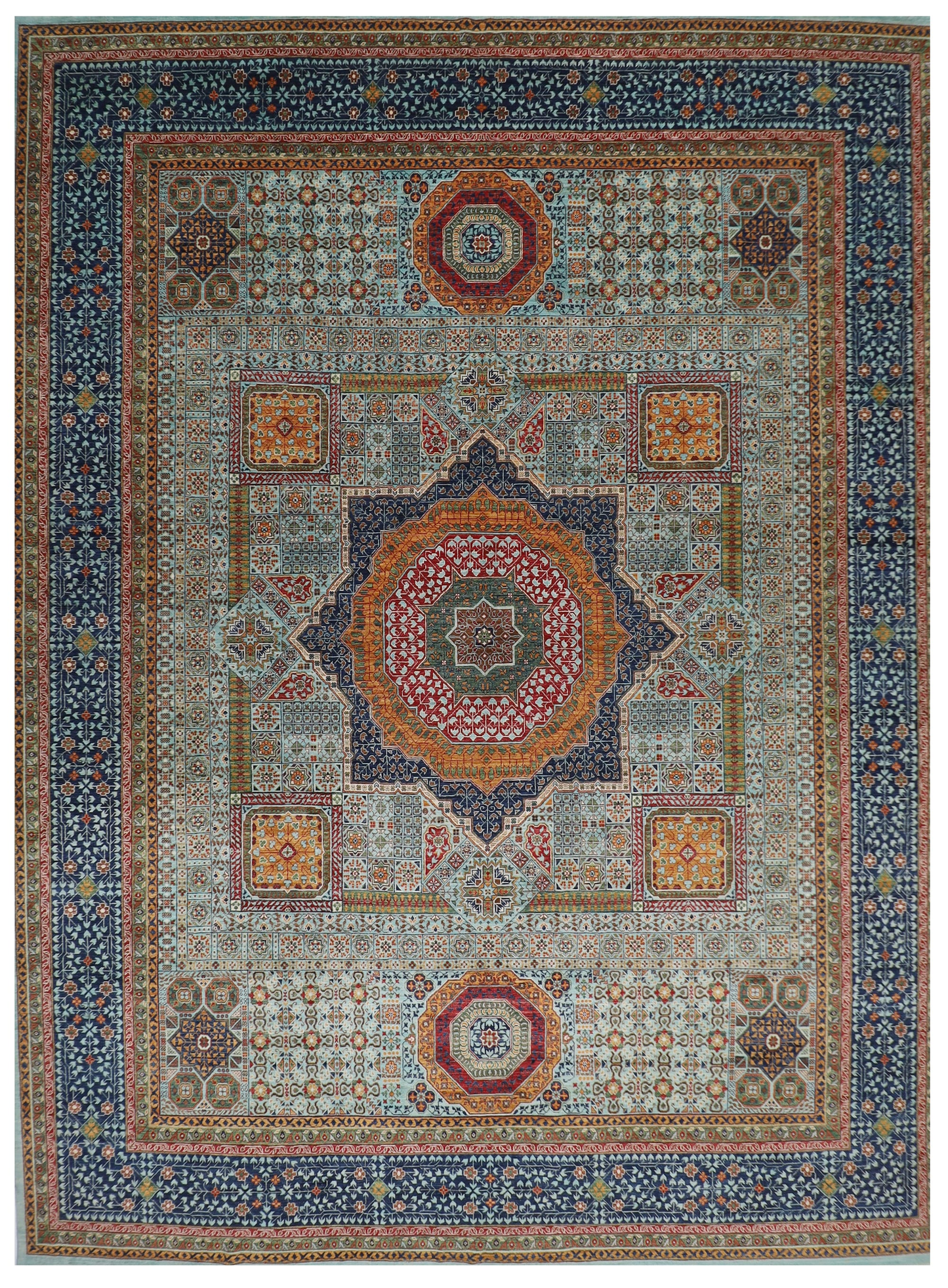 406 x 488 cm | Turquoise Mamluk Afghan Tribal Hand Knotted Natural Veg Dye Wool Carpet