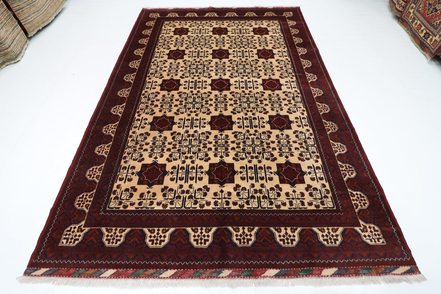 203 x 303 cm | Beige Khal Mohammadi Afghan Tribal Hand Knotted Wool Carpet