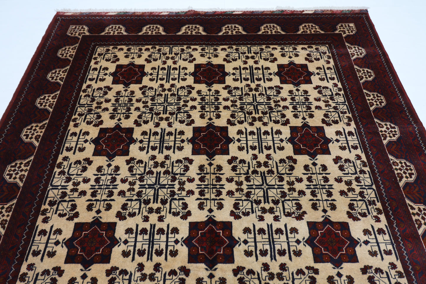 203 x 303 cm | Beige Khal Mohammadi Afghan Tribal Hand Knotted Wool Carpet