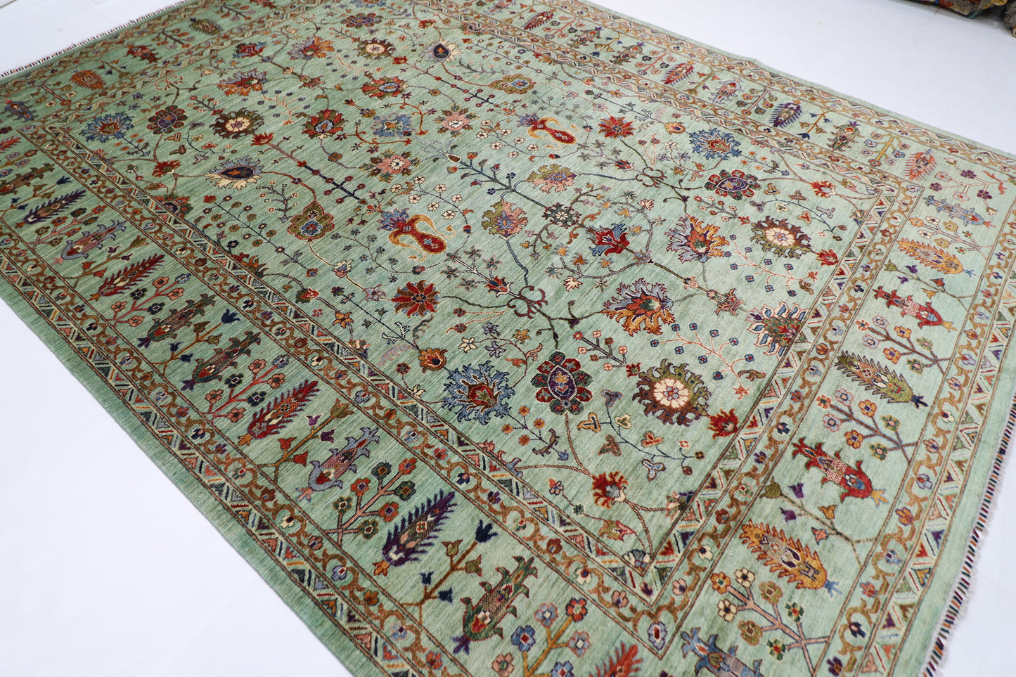 267 x 364 cm | Green Sultani Handmade Afghan Area Rug Hand Knotted Carpet Living Room Rug