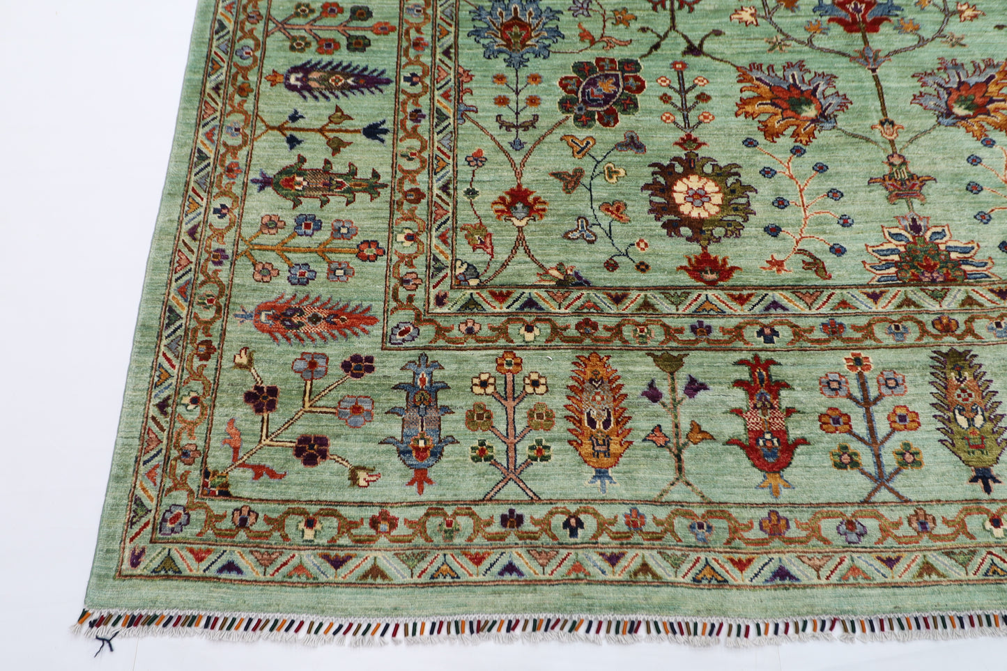 267 x 364 cm | Green Sultani Handmade Afghan Area Rug Hand Knotted Carpet Living Room Rug
