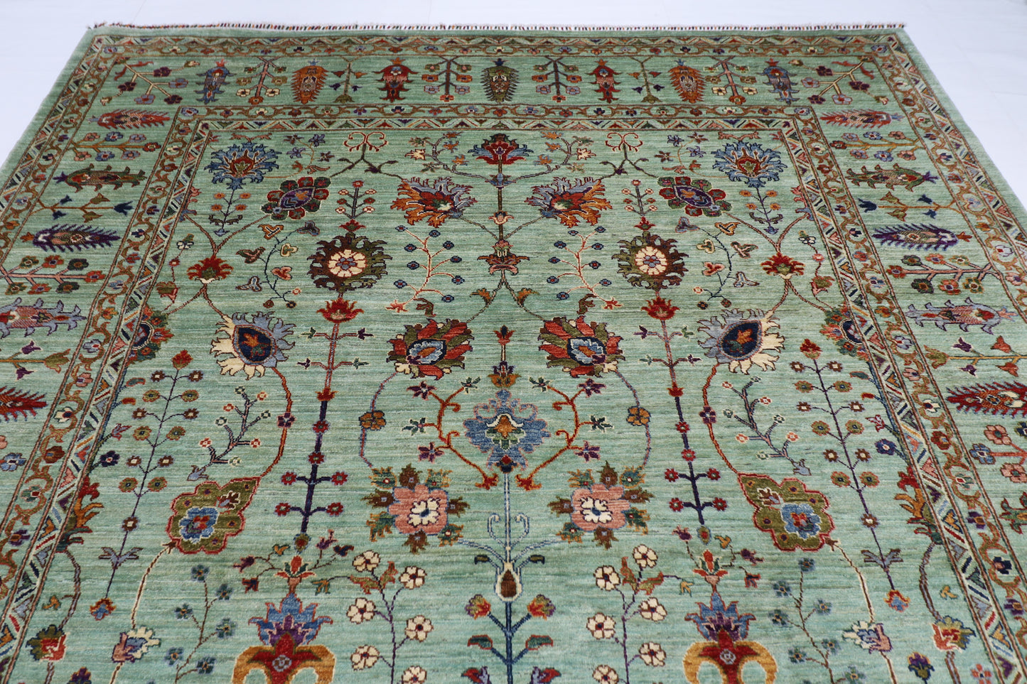 267 x 364 cm | Green Sultani Handmade Afghan Area Rug Hand Knotted Carpet Living Room Rug