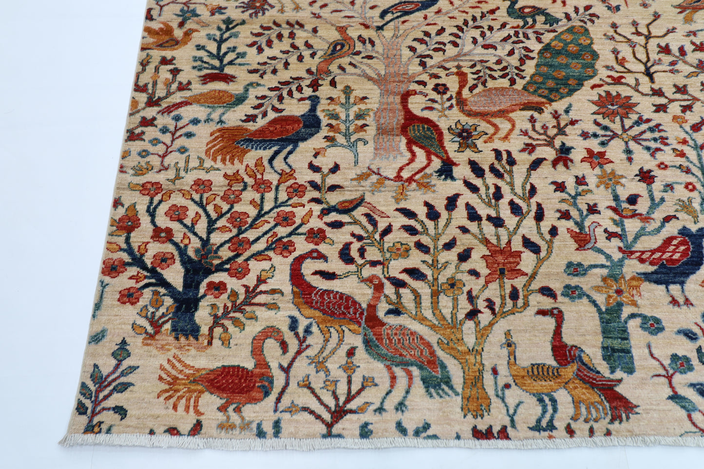 202 x 296 cm | Beige Birds Pictorial Handmade Afghan Area Rug Hand Knotted Carpet Living Room Rug