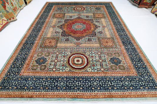 270 x 365 cm | Turquoise Mamluk Handmade Afghan Area Rug Hand Knotted Carpet Living Room Rug