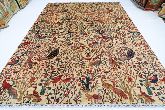 277 x 363 cm | Beige Birds Handmade Afghan Area Rug Hand Knotted Carpet Living Room Rug
