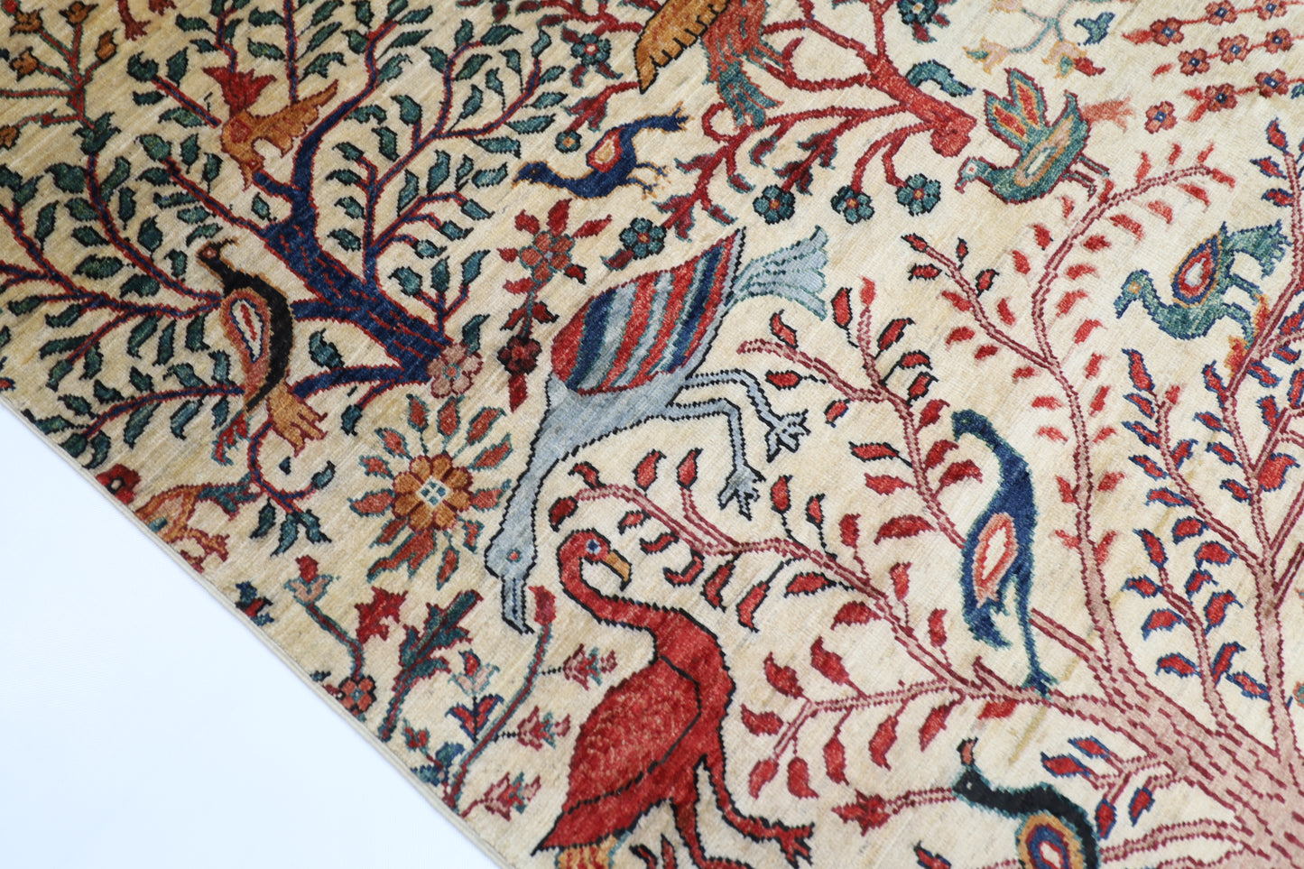 277 x 363 cm | Beige Birds Handmade Afghan Area Rug Hand Knotted Carpet Living Room Rug