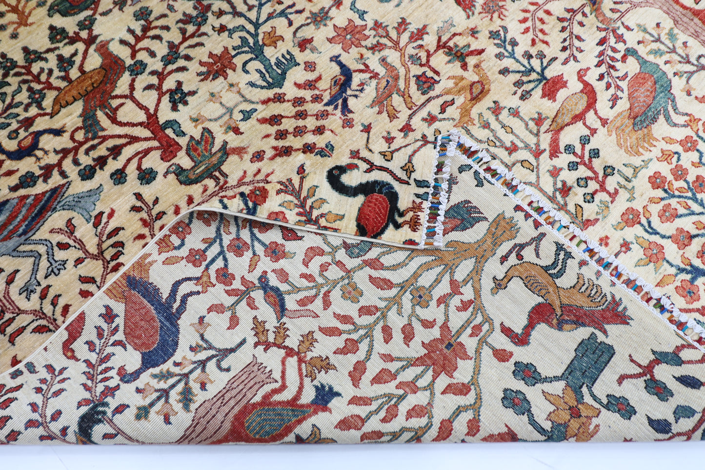 277 x 363 cm | Beige Birds Handmade Afghan Area Rug Hand Knotted Carpet Living Room Rug