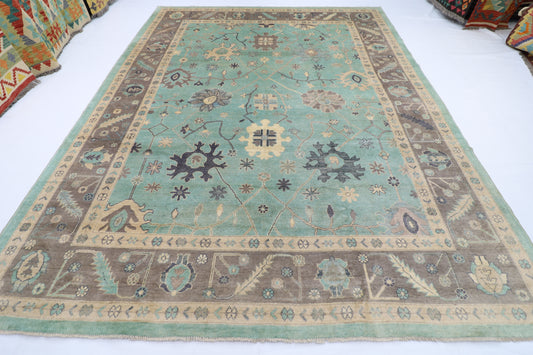278 x 365 cm | Oushak Green Handmade Afghan Area Rug Hand Knotted Carpet Living Room Rug