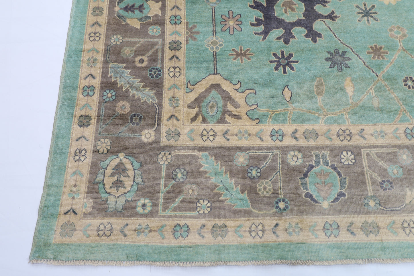 278 x 365 cm | Oushak Green Handmade Afghan Area Rug Hand Knotted Carpet Living Room Rug