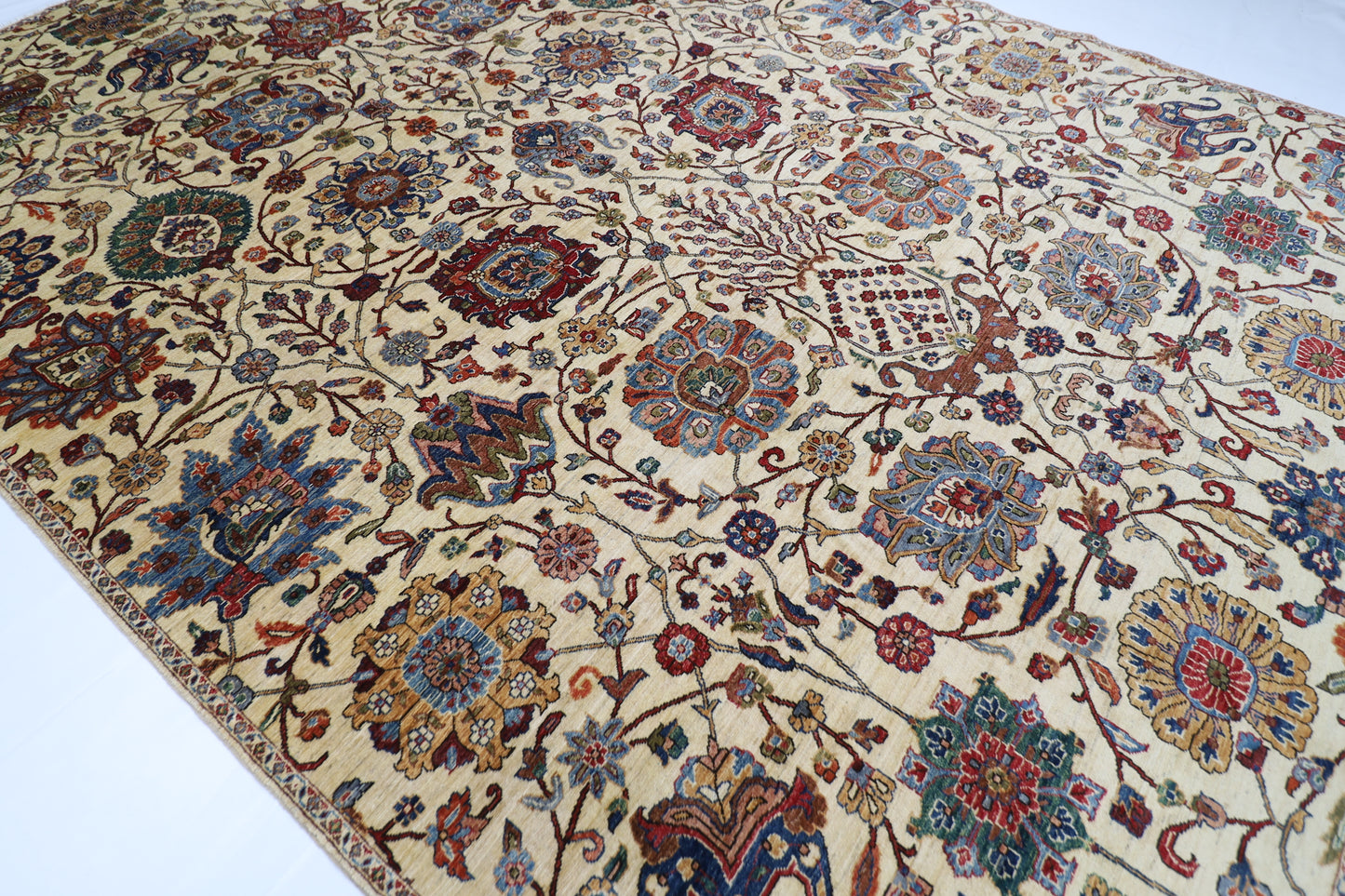305 x 420 cm | Beige Floral Handmade Afghan Area Rug Hand Knotted Carpet Living Room Rug