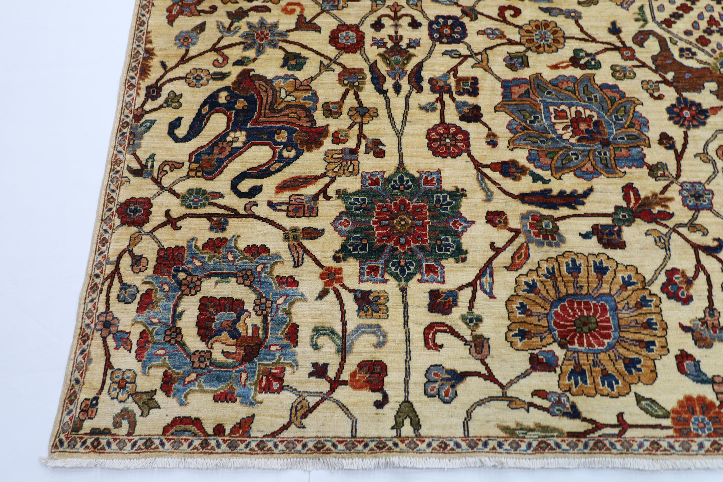 305 x 420 cm | Beige Floral Handmade Afghan Area Rug Hand Knotted Carpet Living Room Rug
