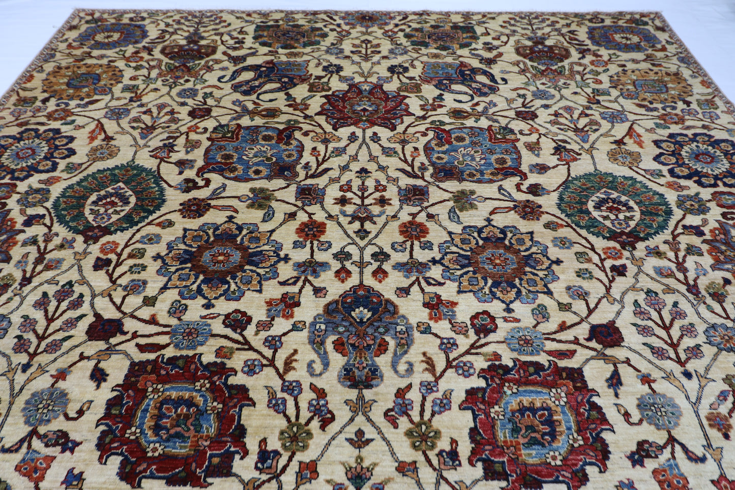 305 x 420 cm | Beige Floral Handmade Afghan Area Rug Hand Knotted Carpet Living Room Rug