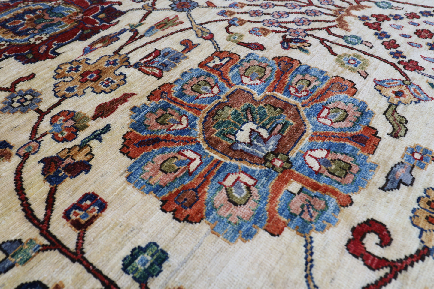 305 x 420 cm | Beige Floral Handmade Afghan Area Rug Hand Knotted Carpet Living Room Rug