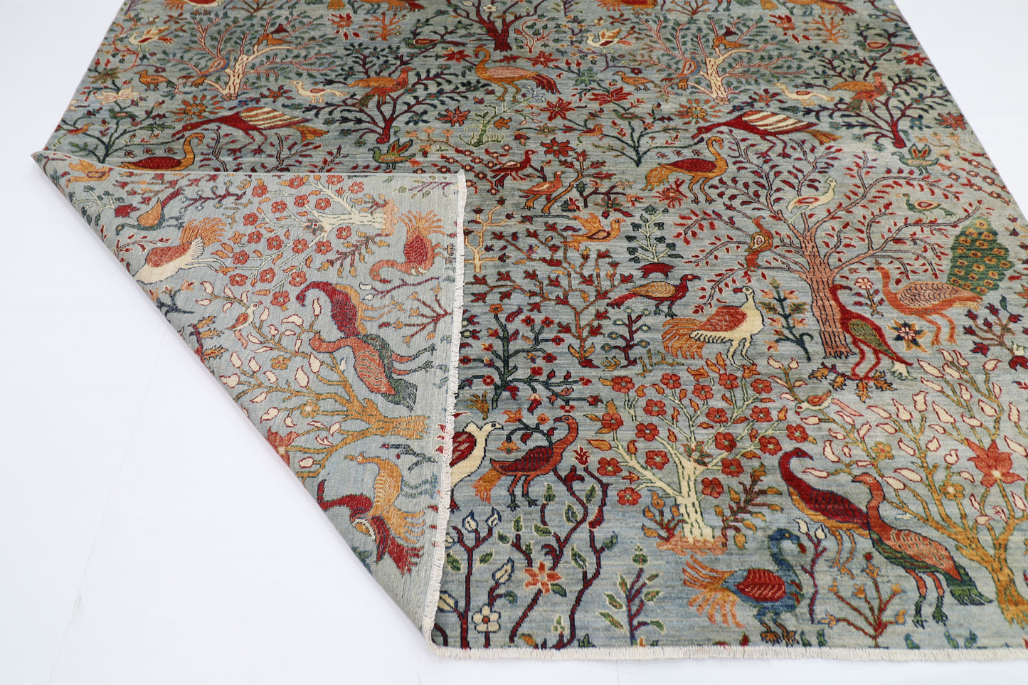 271 x 357 cm | Birds Blueish Gray Handmade Afghan Area Rug Hand Knotted Carpet Living Room Rug