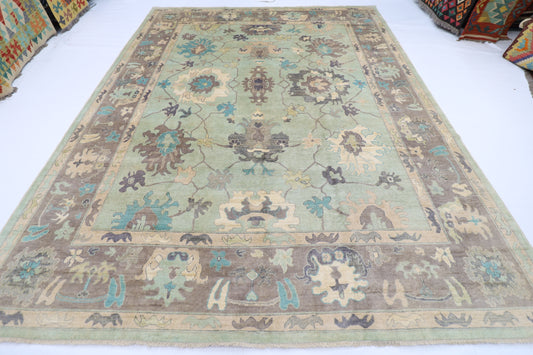 271 x 355 cm | Oushak Green Afghan Hand Knotted Carpet