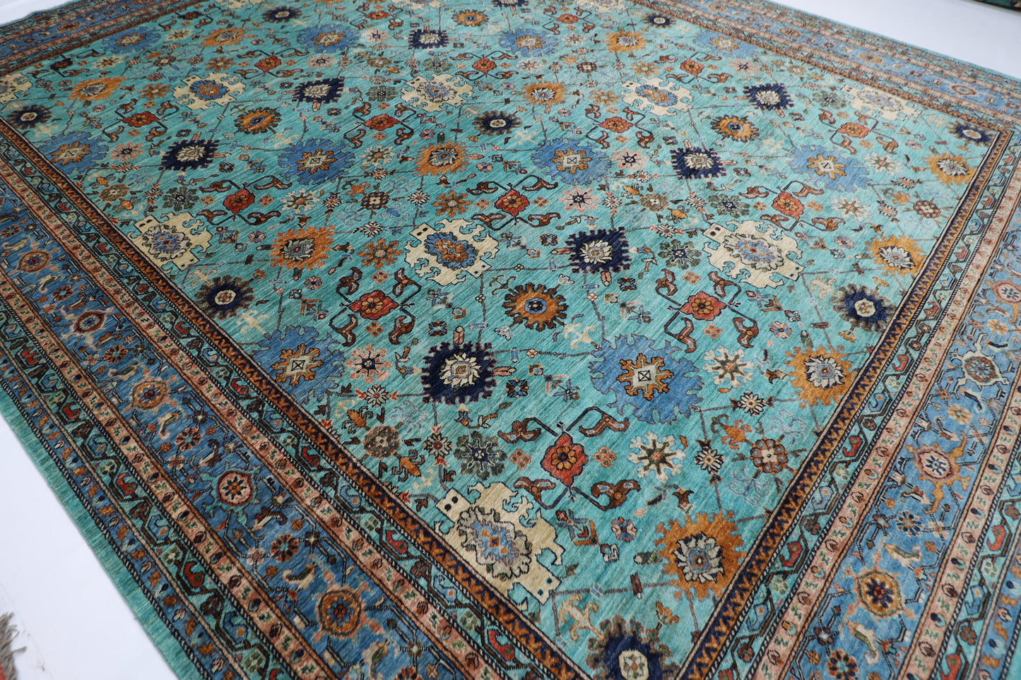 356 x 436 cm | Aryana Turquoise Afghan Hand Knotted Carpet