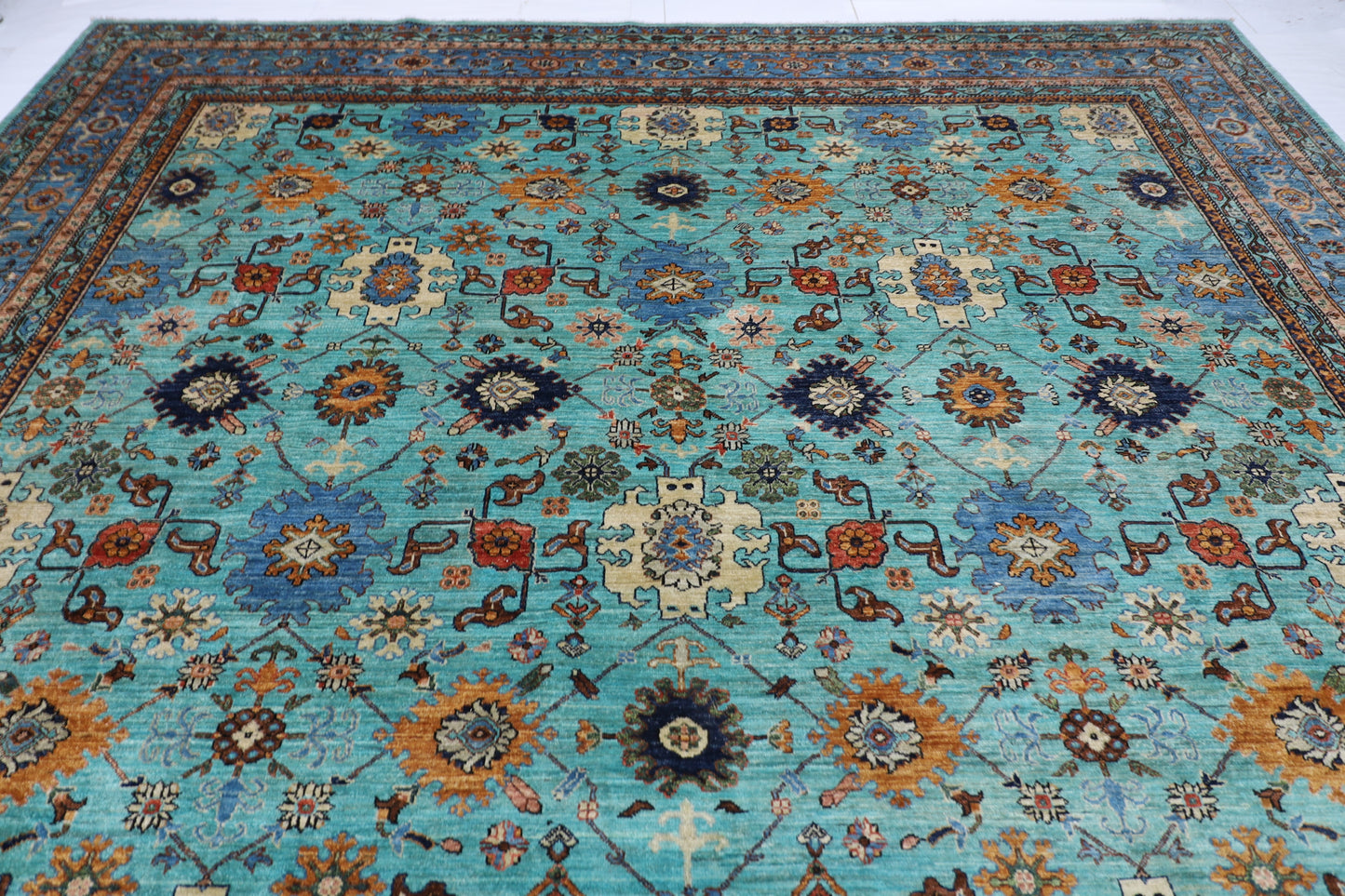 356 x 436 cm | Aryana Turquoise Afghan Hand Knotted Carpet