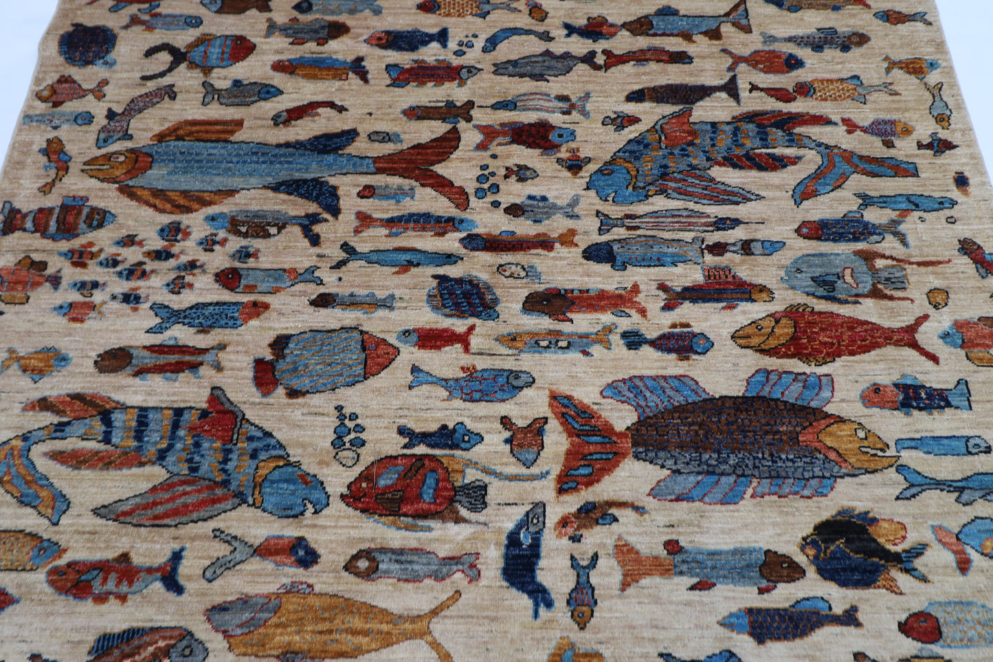 180 x 273 cm | Fish Party Beige Afghan Hand Knotted Carpet