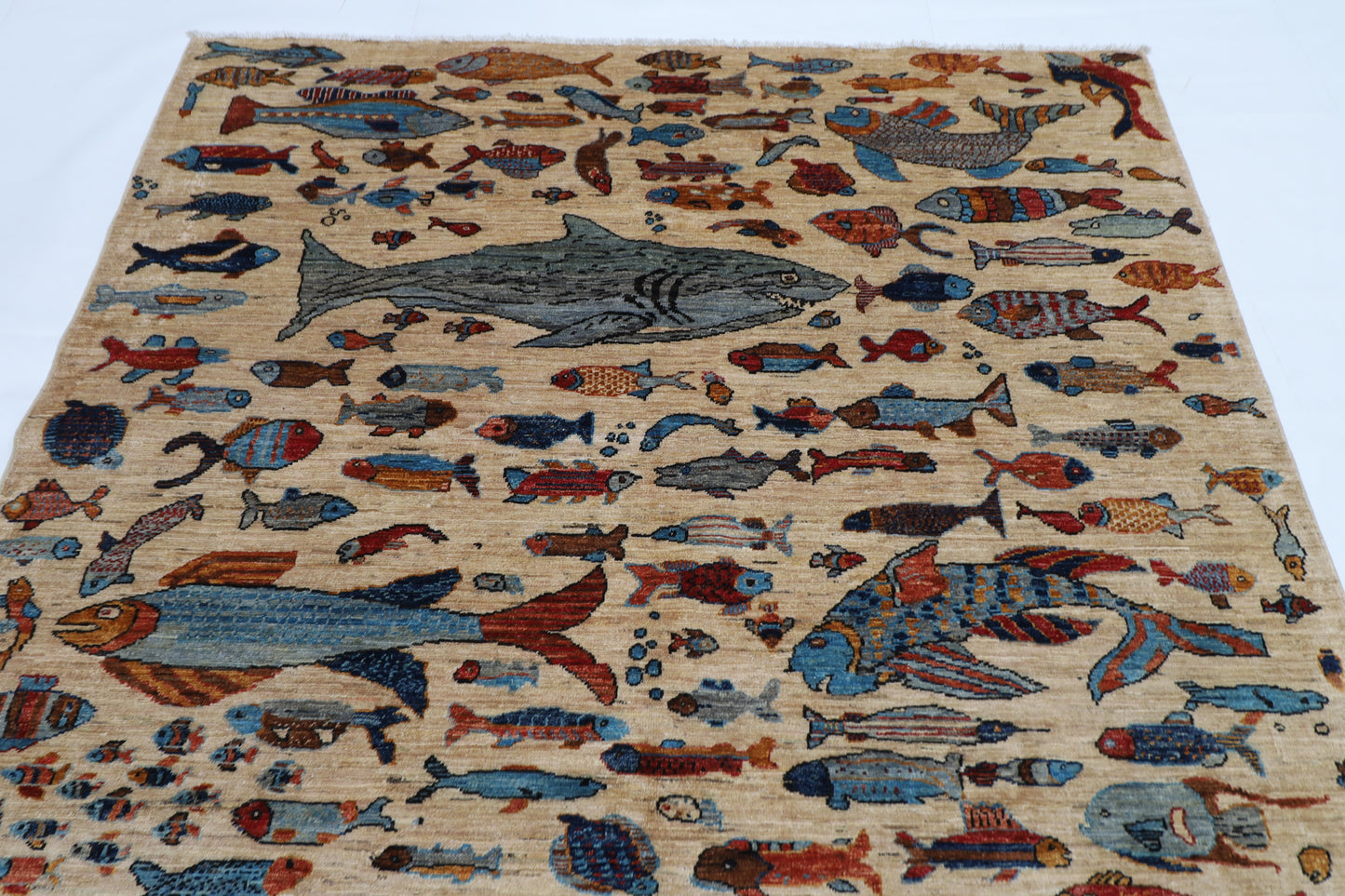 180 x 273 cm | Fish Party Beige Afghan Hand Knotted Carpet