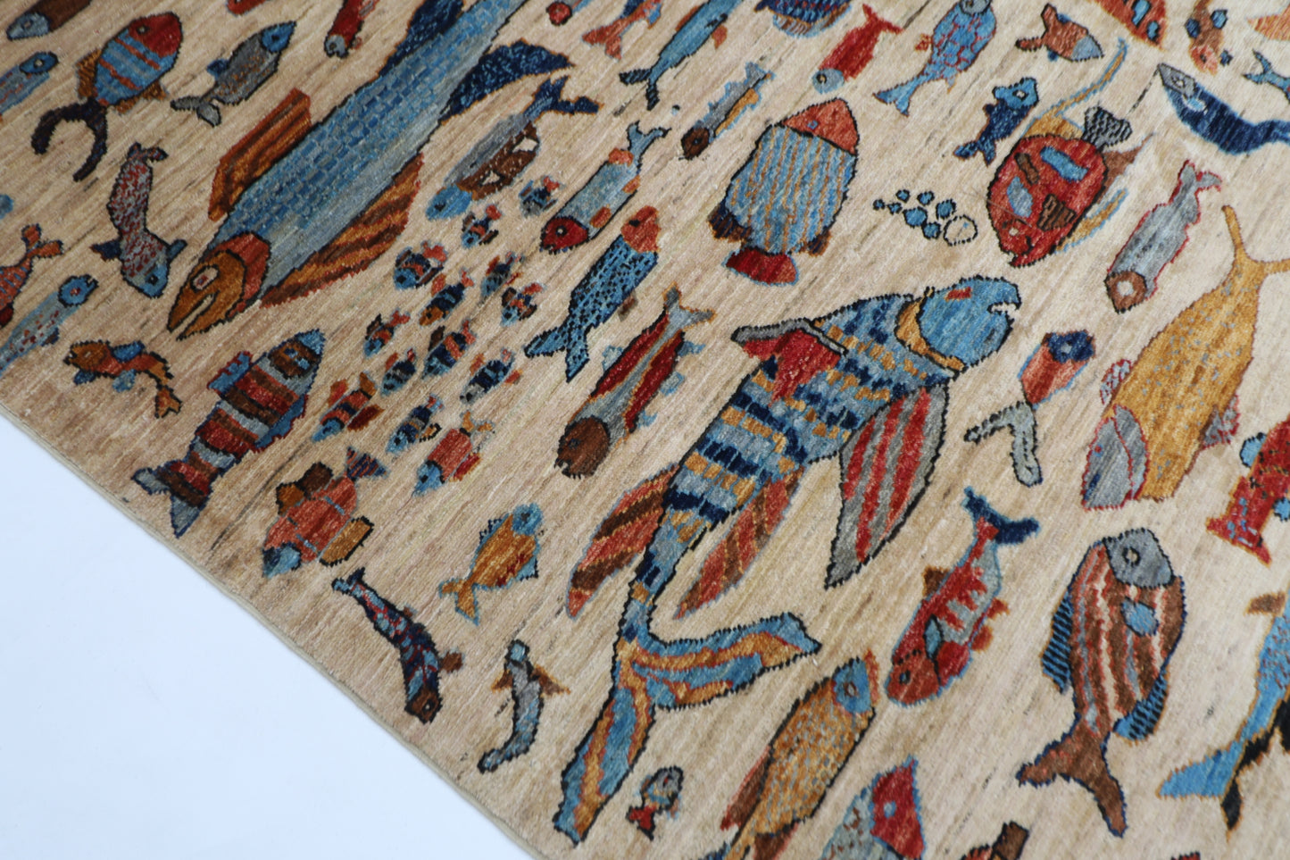180 x 273 cm | Fish Party Beige Afghan Hand Knotted Carpet