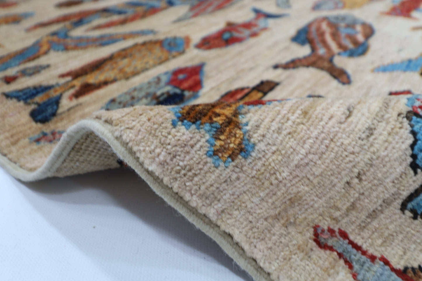 180 x 273 cm | Fish Party Beige Afghan Hand Knotted Carpet