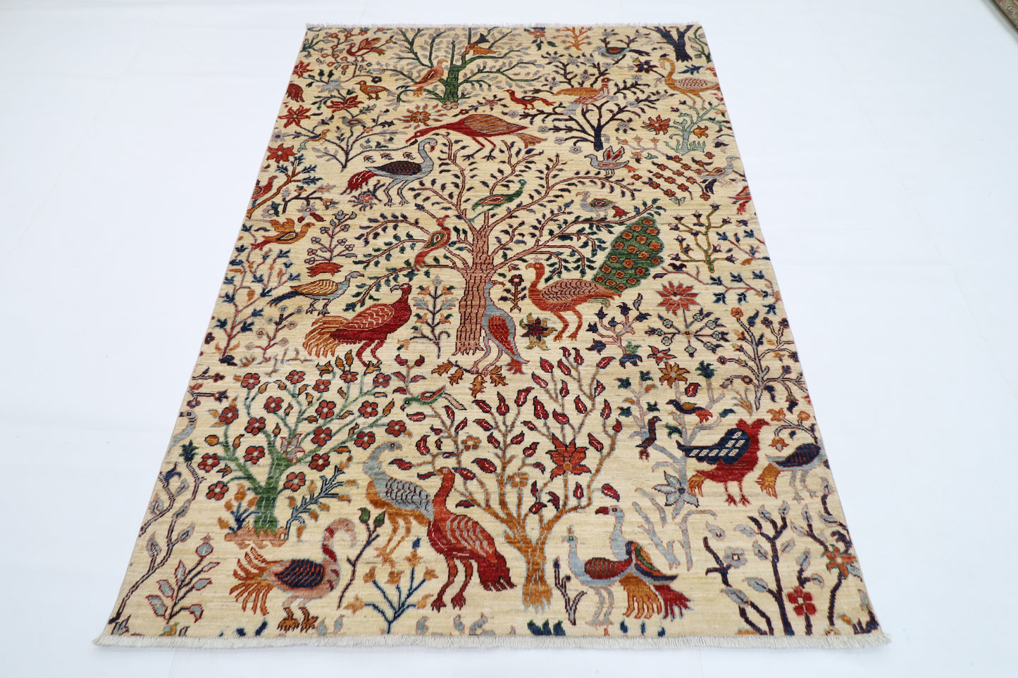 148 x 202 cm | Birds Beige Afghan Hand Knotted Carpet