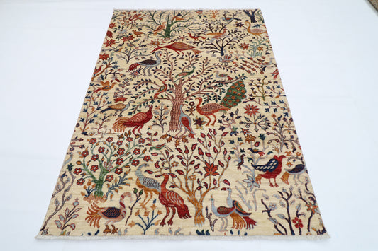 148 x 202 cm | Birds Beige Afghan Hand Knotted Carpet