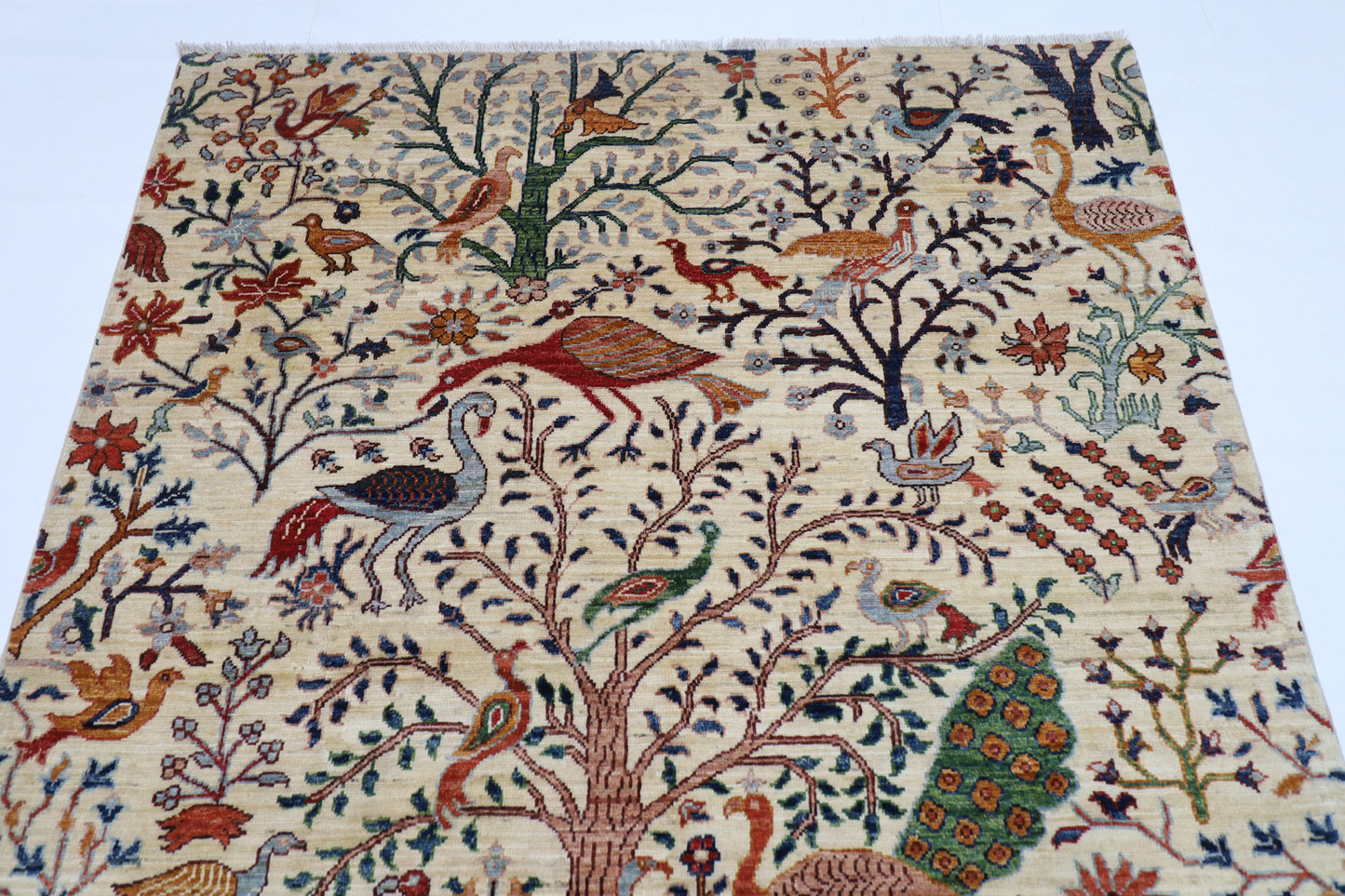 148 x 202 cm | Birds Beige Afghan Hand Knotted Carpet