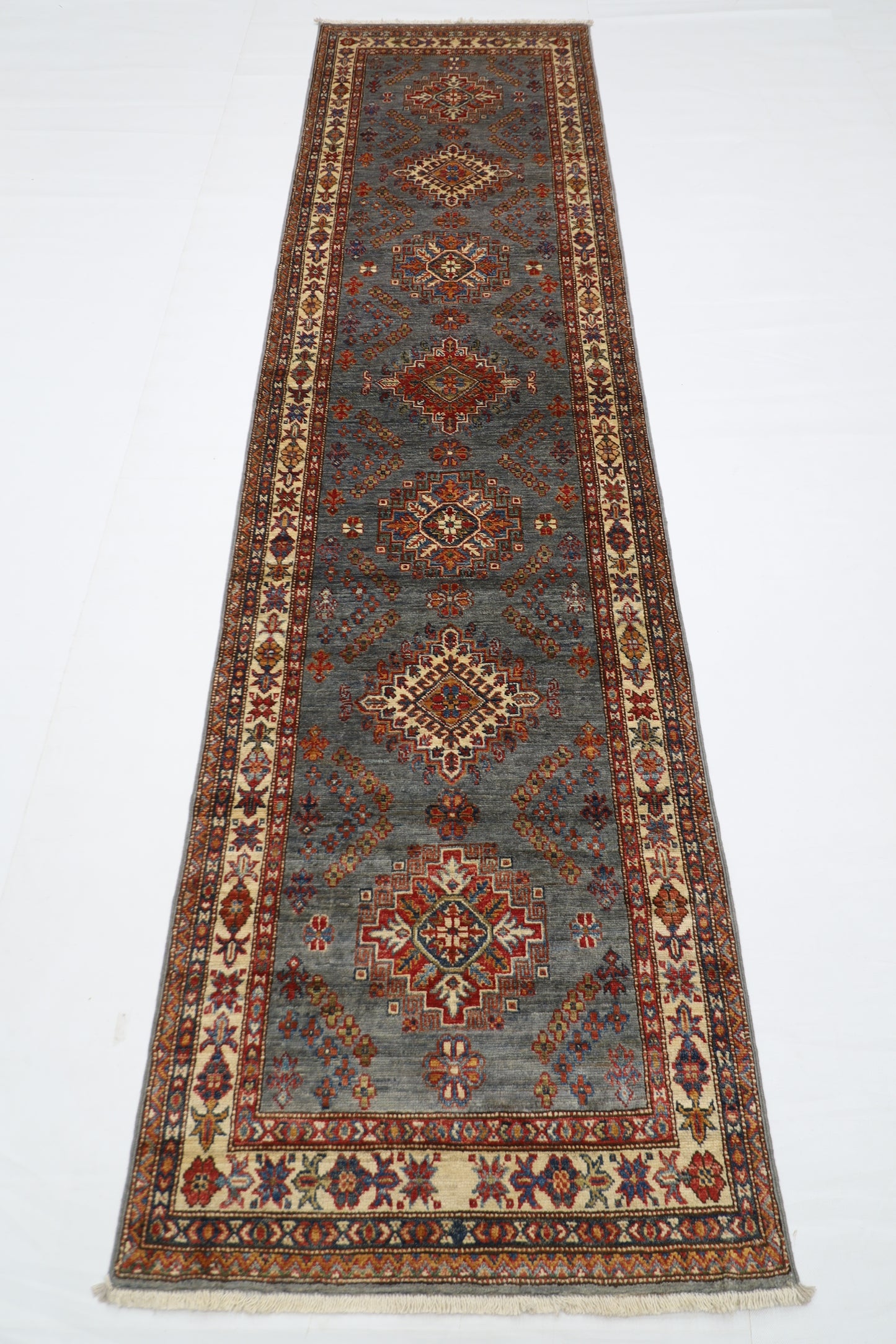79 x 302 cm | Kazak Grey Afghan Hand Knotted Runner