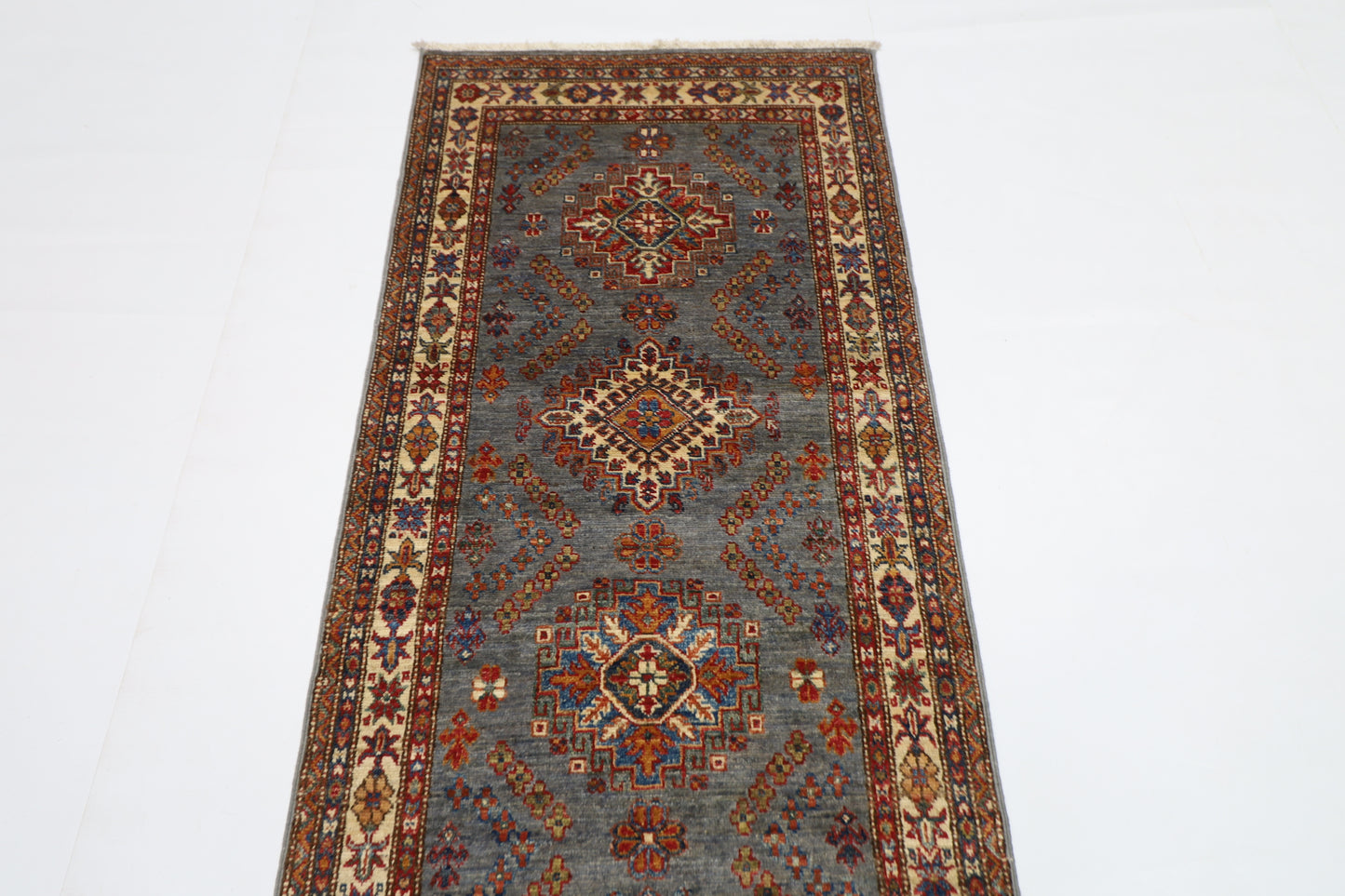 79 x 302 cm | Kazak Grey Afghan Hand Knotted Runner