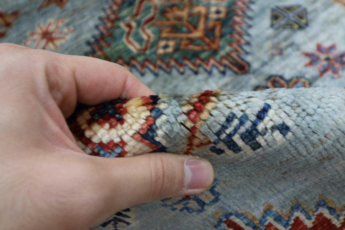 172 x 264 cm | Kazak Blueish Grey Afghan Hand Knotted Carpet