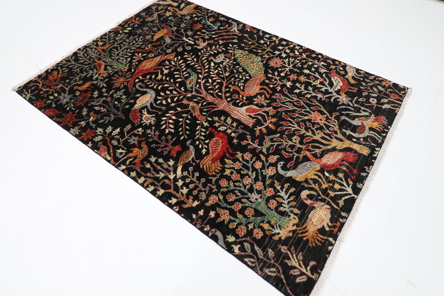 149 x 204 cm | Birds Pictorial Black Afghan Hand Knotted Carpet