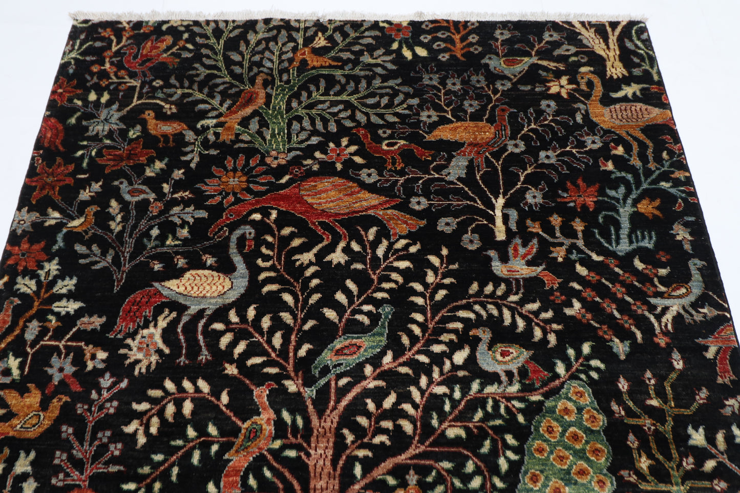 149 x 204 cm | Birds Pictorial Black Afghan Hand Knotted Carpet