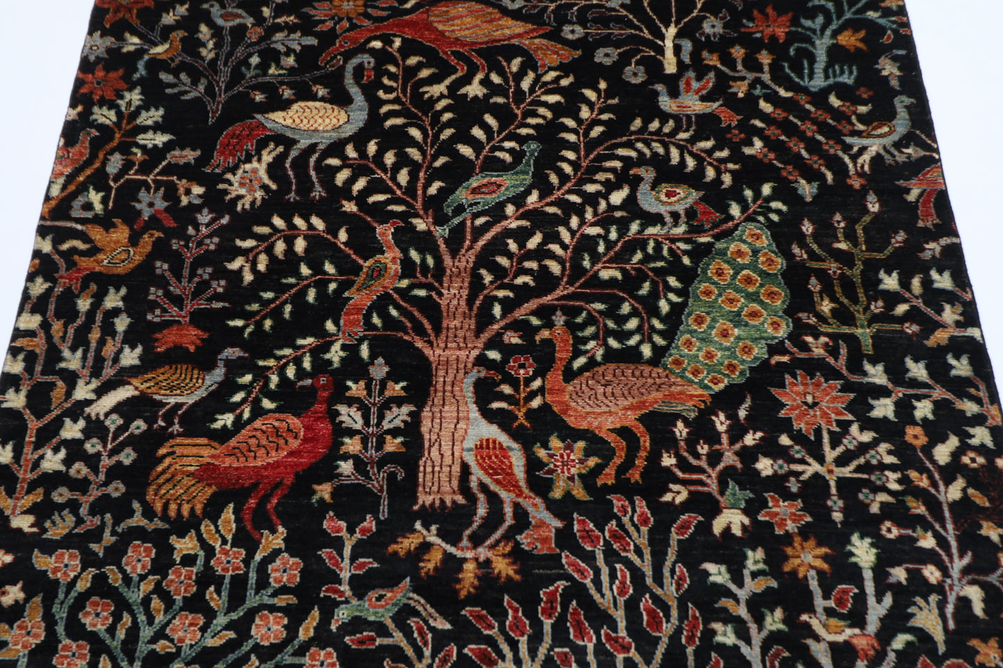149 x 204 cm | Birds Pictorial Black Afghan Hand Knotted Carpet