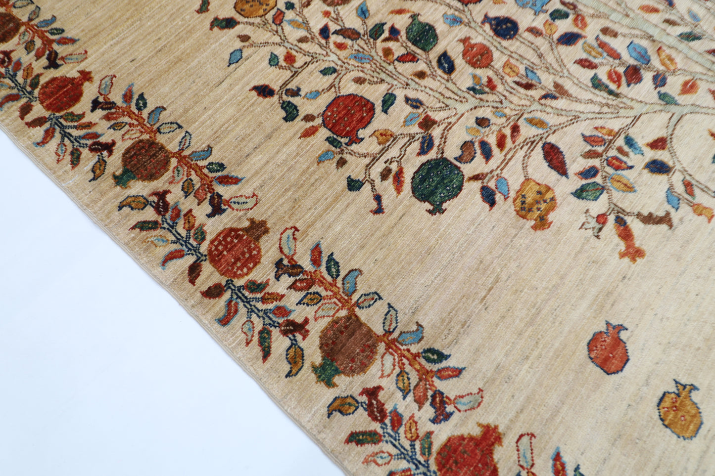 179 x 246 cm | Beige Pomegranate Tree Afghan Hand Knotted Carpet