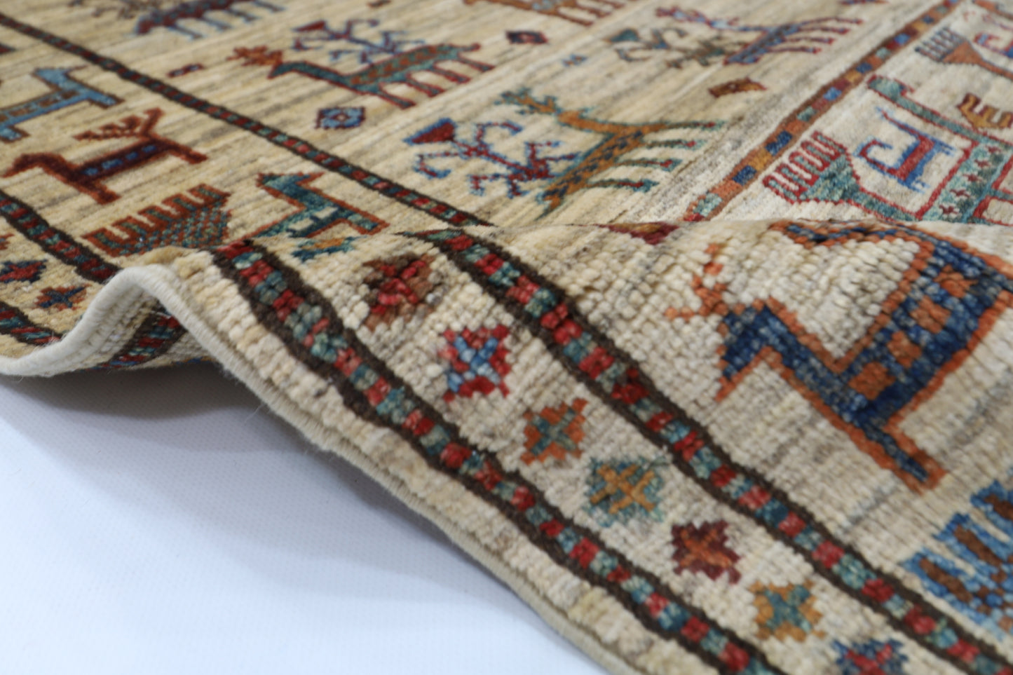 80 x 289 cm | Beige Animal Afghan Hand Knotted Runner
