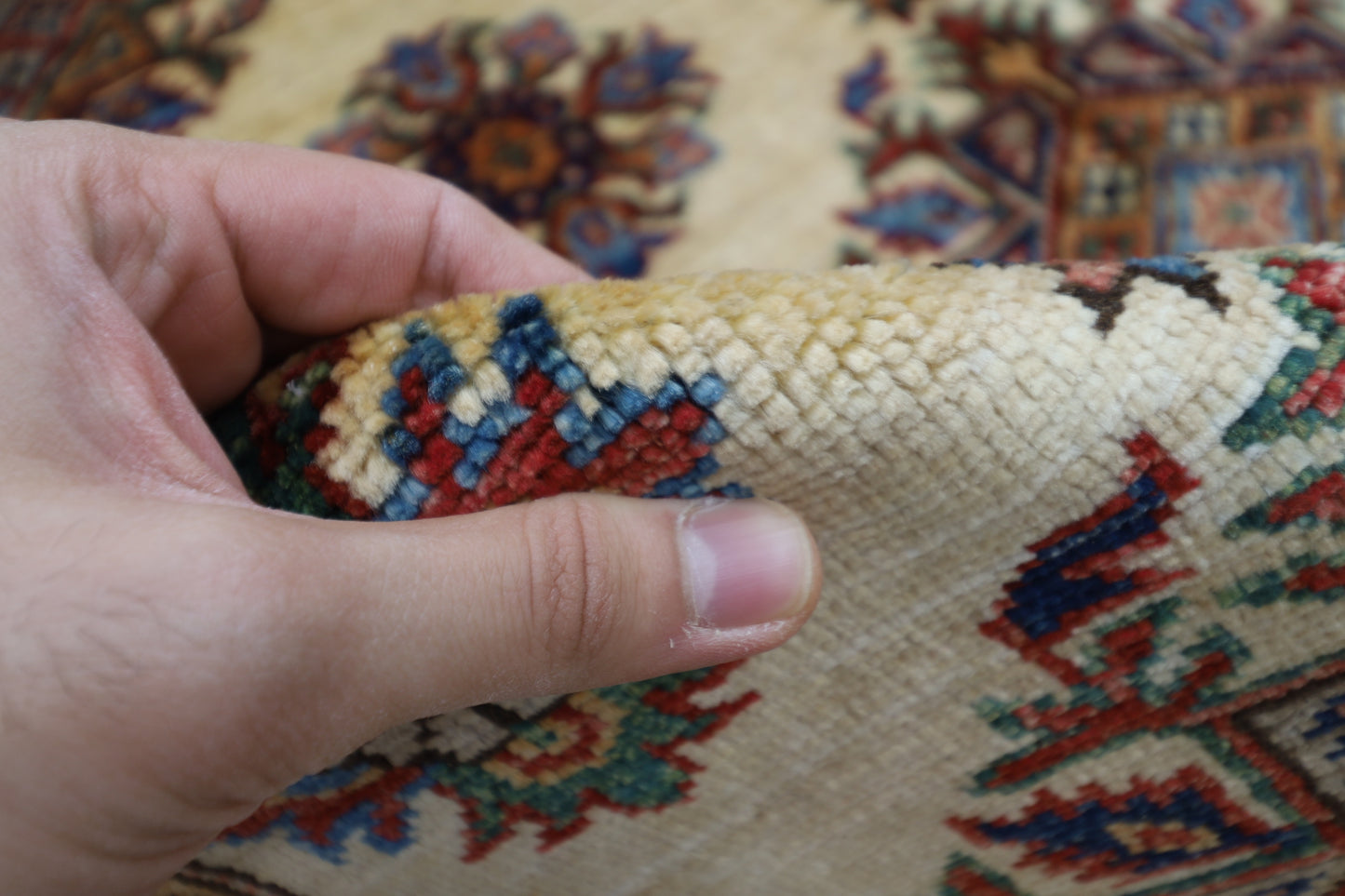 173 x 242 cm | Kazak Beige Afghan Hand Knotted Carpet