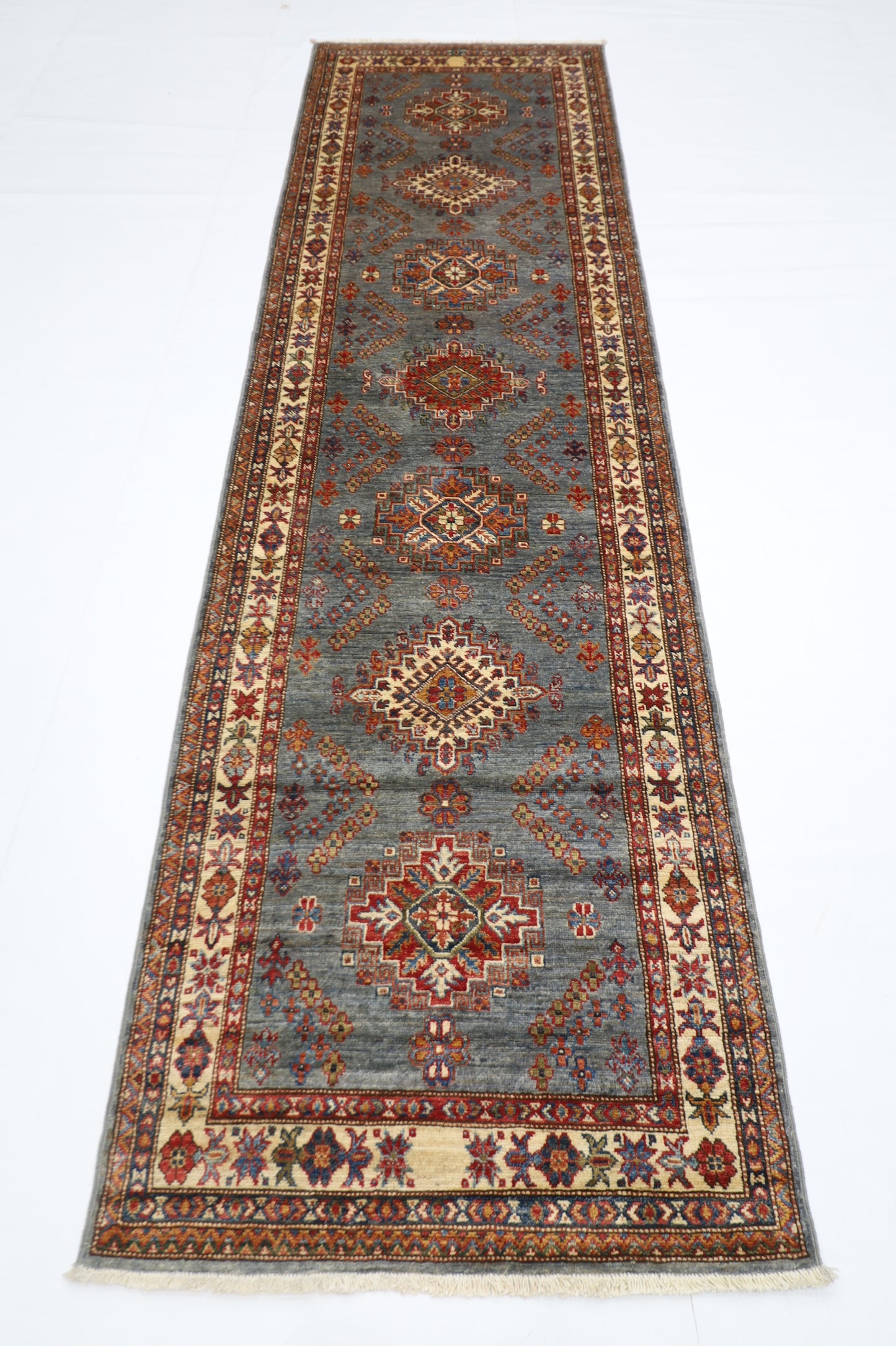 86 x 304 cm | Kazak Blueish Grey Afghan Hand Knotted Runner