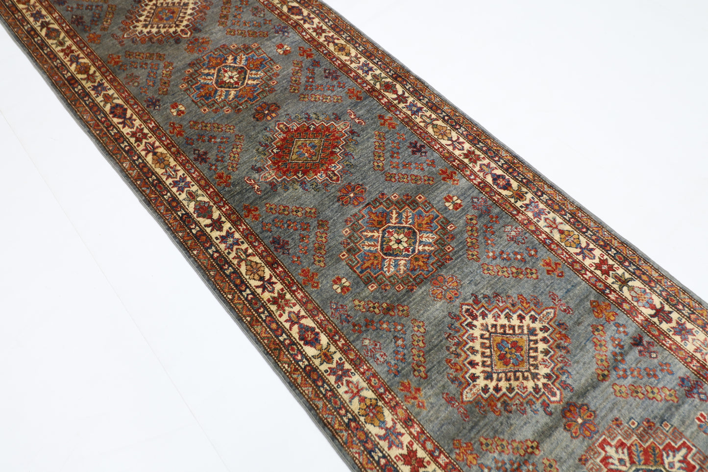 86 x 304 cm | Kazak Blueish Grey Afghan Hand Knotted Runner