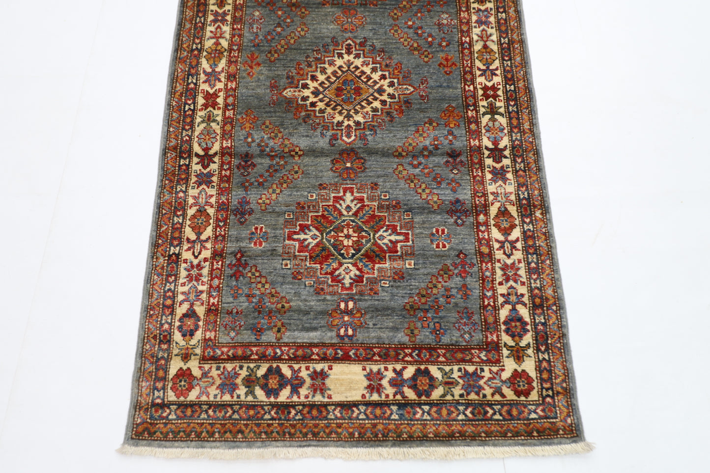 86 x 304 cm | Kazak Blueish Grey Afghan Hand Knotted Runner