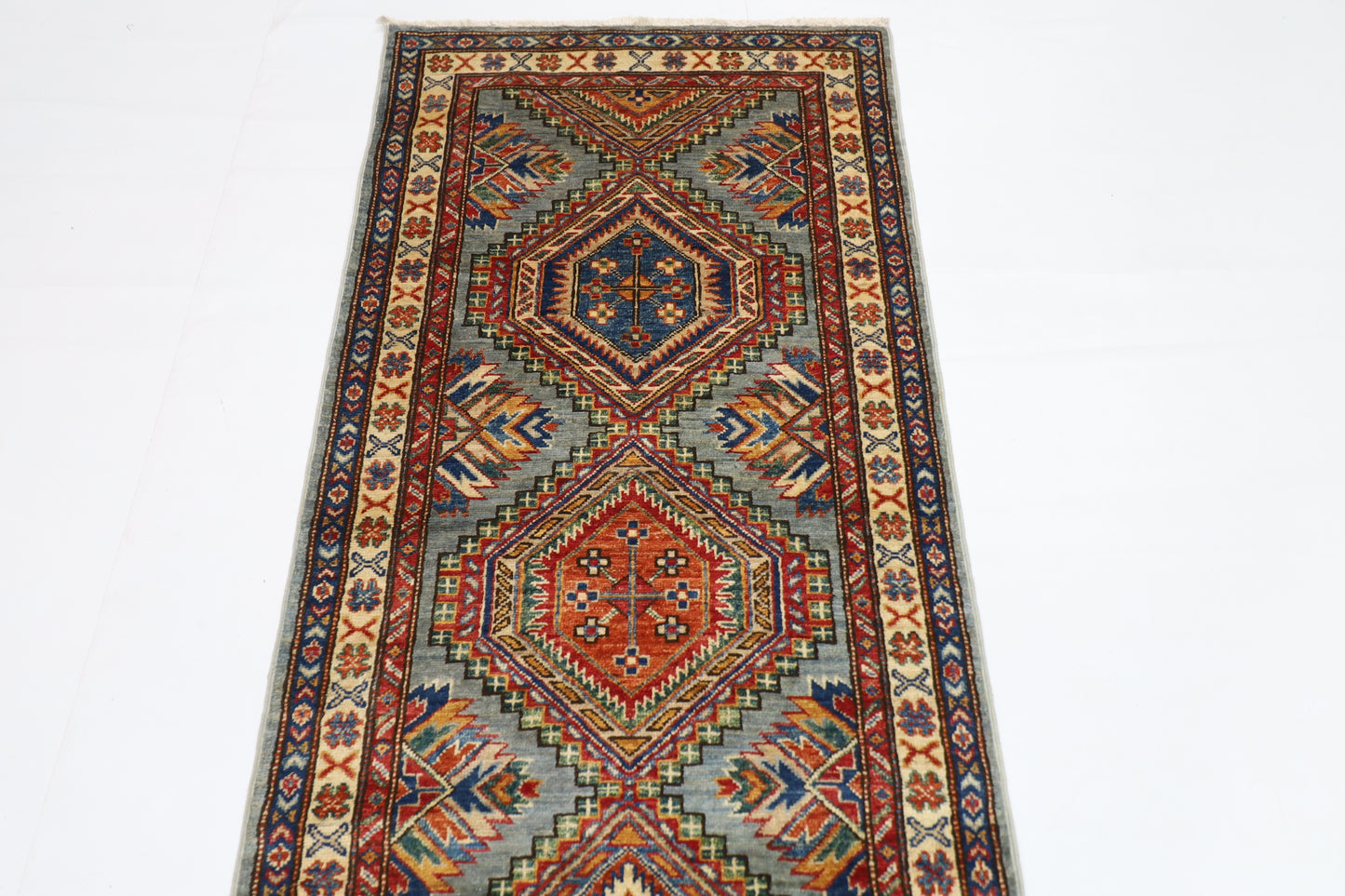 79 x 289 cm | Kazak Blueish Grey Afghan Hand Knotted Runner
