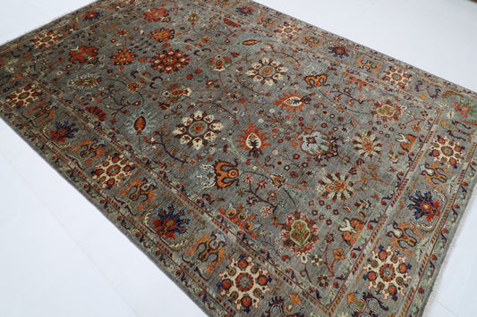 199 x 296 cm | Oriental Floral Gray Afghan Tribal Hand Knotted Wool Carpet