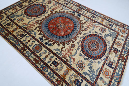 203 x 302 cm | Oriental Suzani beige Area Rug Afghan Tribal Hand Knotted Wool Carpet