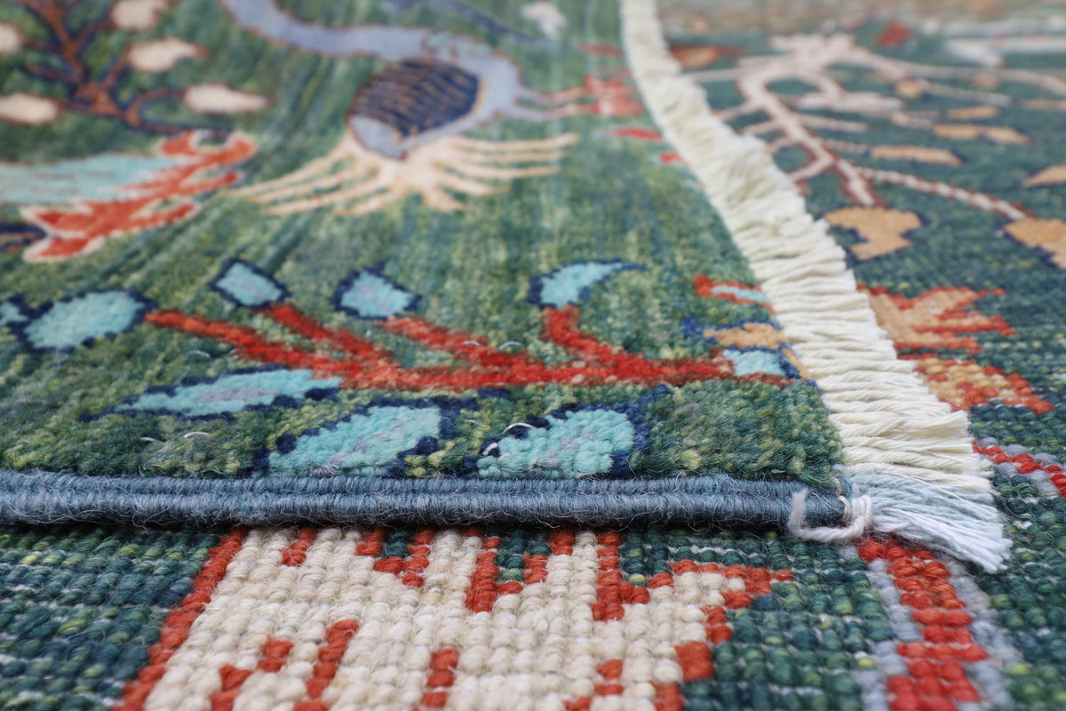 302 x 417 cm | Large Birds Green Hand Knotted veg Dye Wool Afghan Carpet