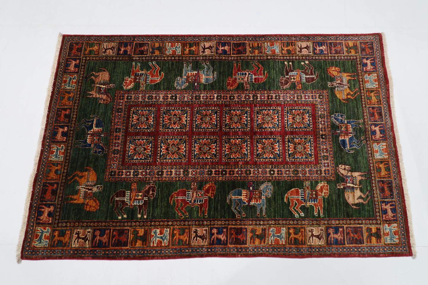 100 x 152 cm | Green Animal Area Rug Afghan Hand Knotted veg Dye Wool carpet