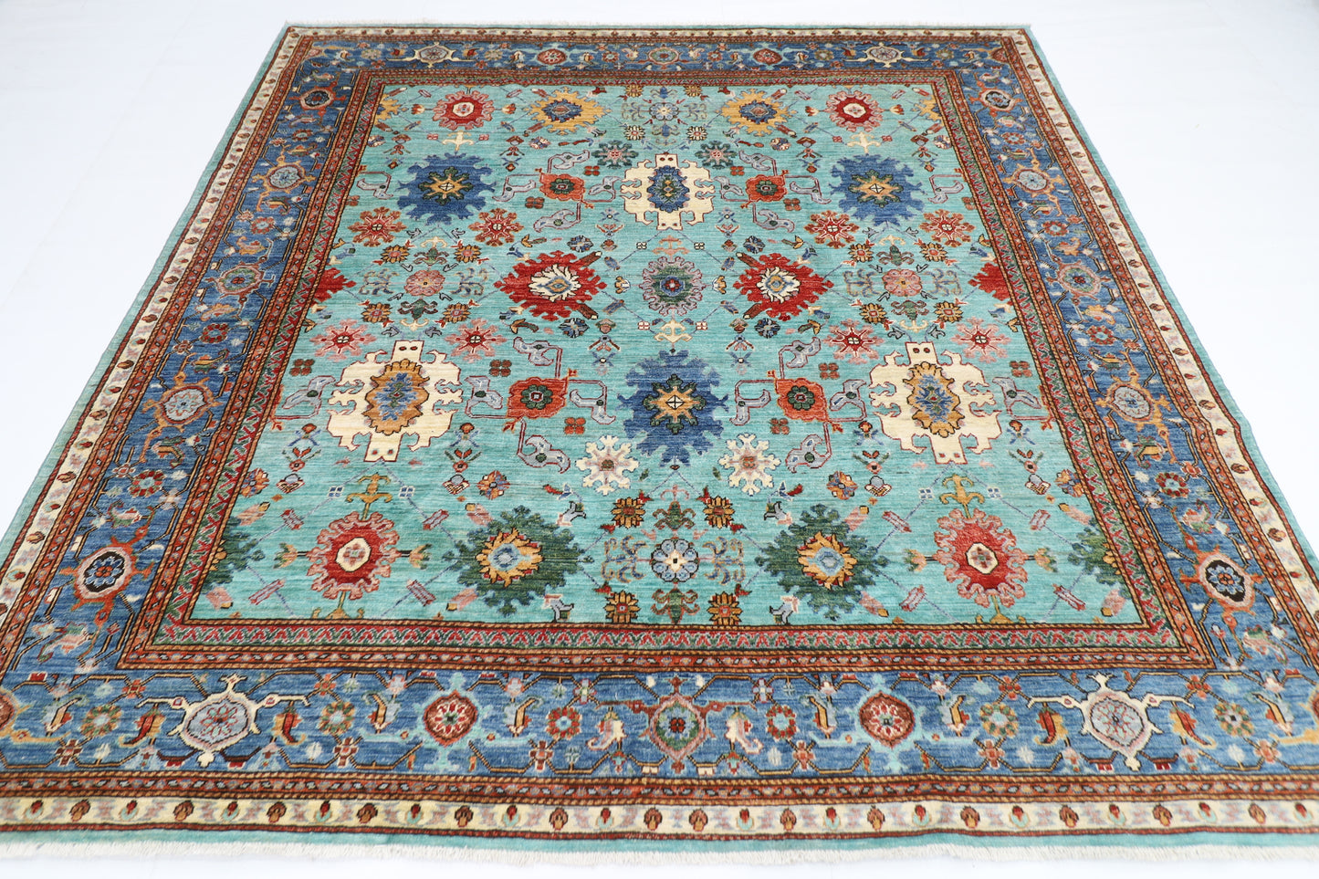 241 x 236 cm | Turquoise Afghan Tribal Hand Knotted Veg Dye Wool carpet