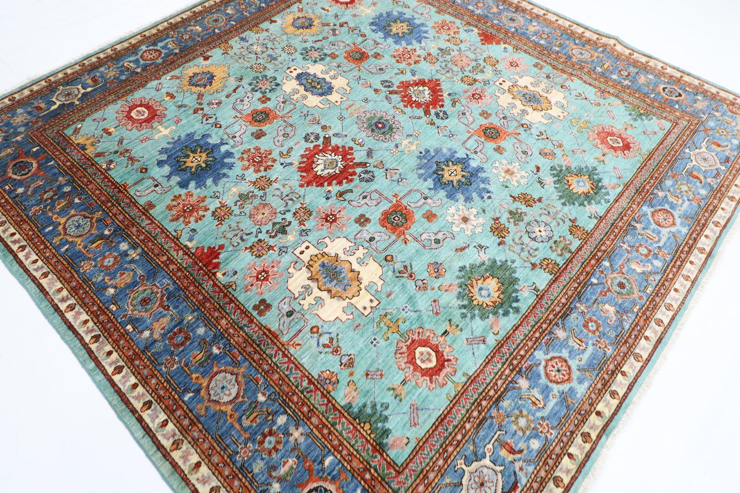 241 x 236 cm | Turquoise Afghan Tribal Hand Knotted Veg Dye Wool carpet