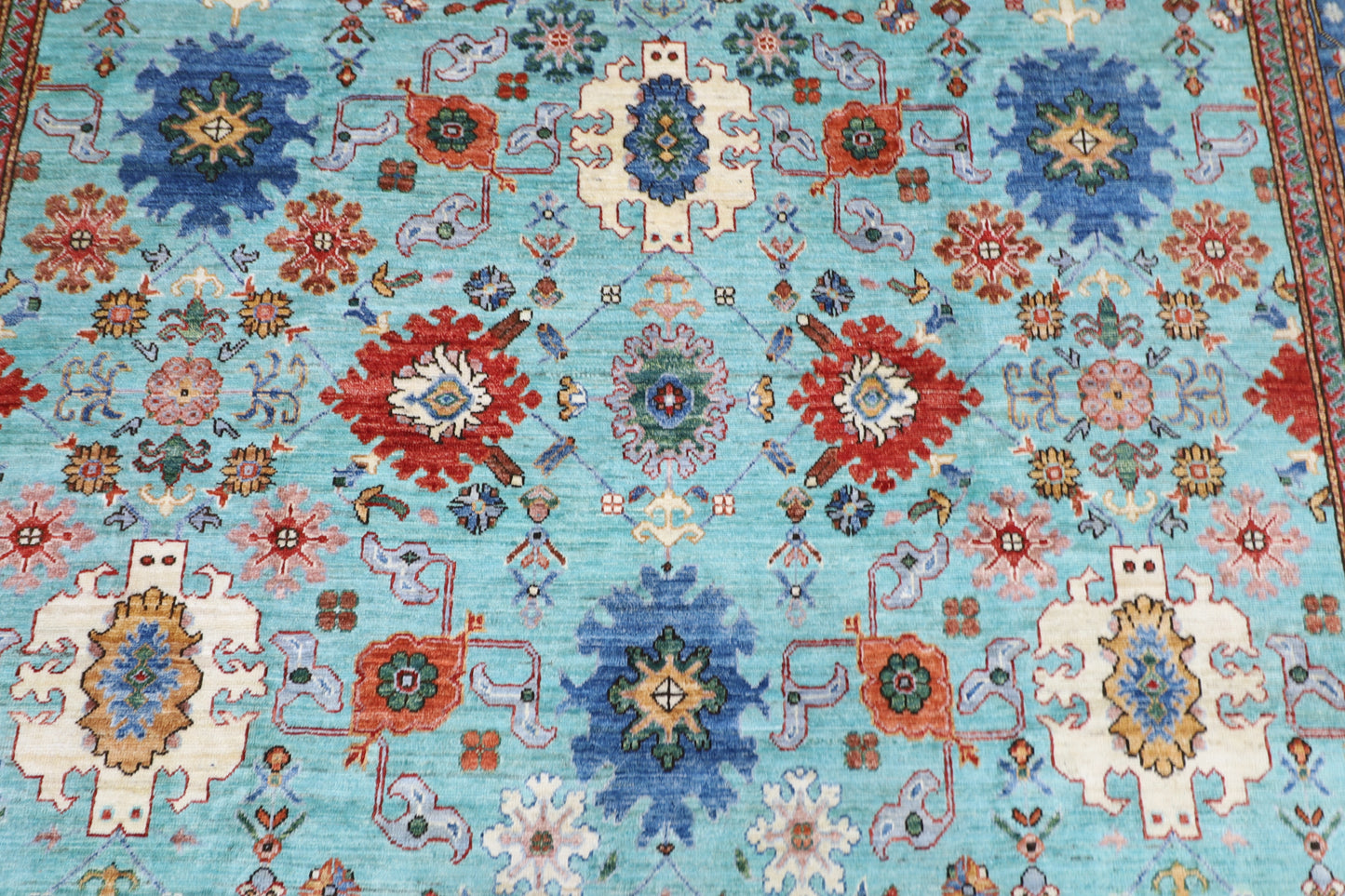 241 x 236 cm | Turquoise Afghan Tribal Hand Knotted Veg Dye Wool carpet