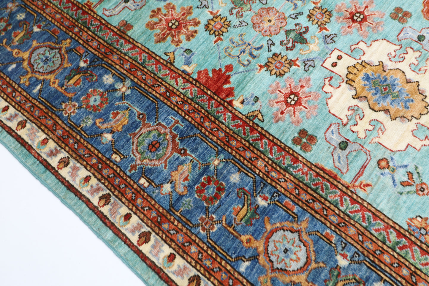 241 x 236 cm | Turquoise Afghan Tribal Hand Knotted Veg Dye Wool carpet