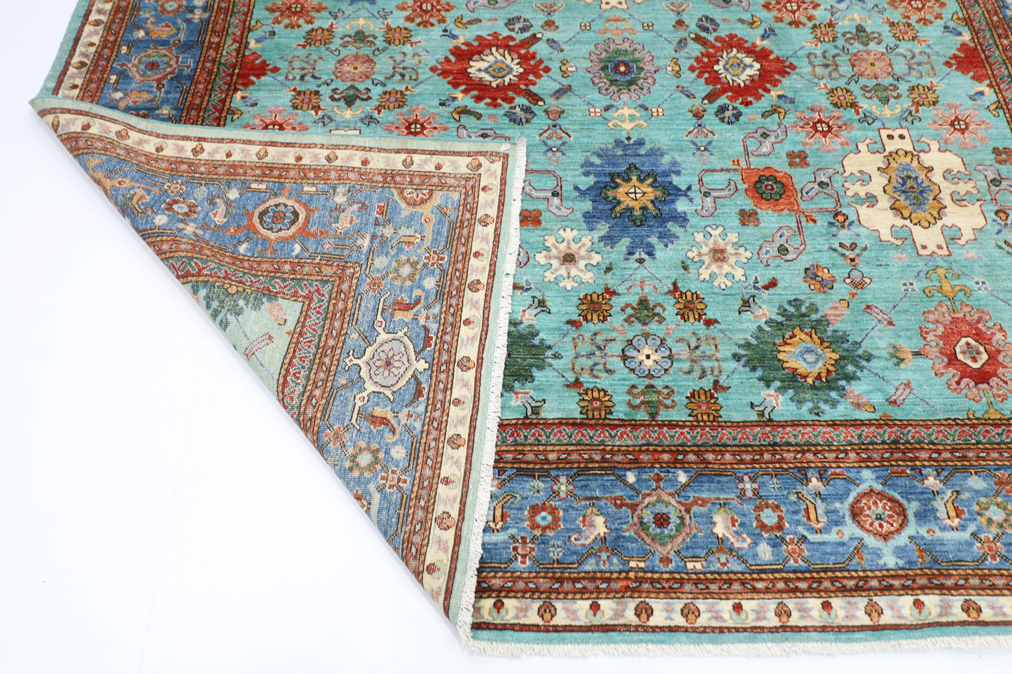 241 x 236 cm | Turquoise Afghan Tribal Hand Knotted Veg Dye Wool carpet